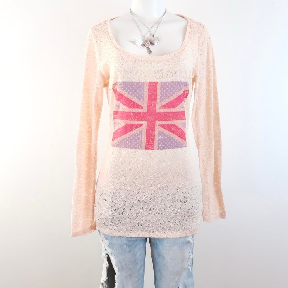 y2k white lace union jack graphic long sleeve top british flag 2000s